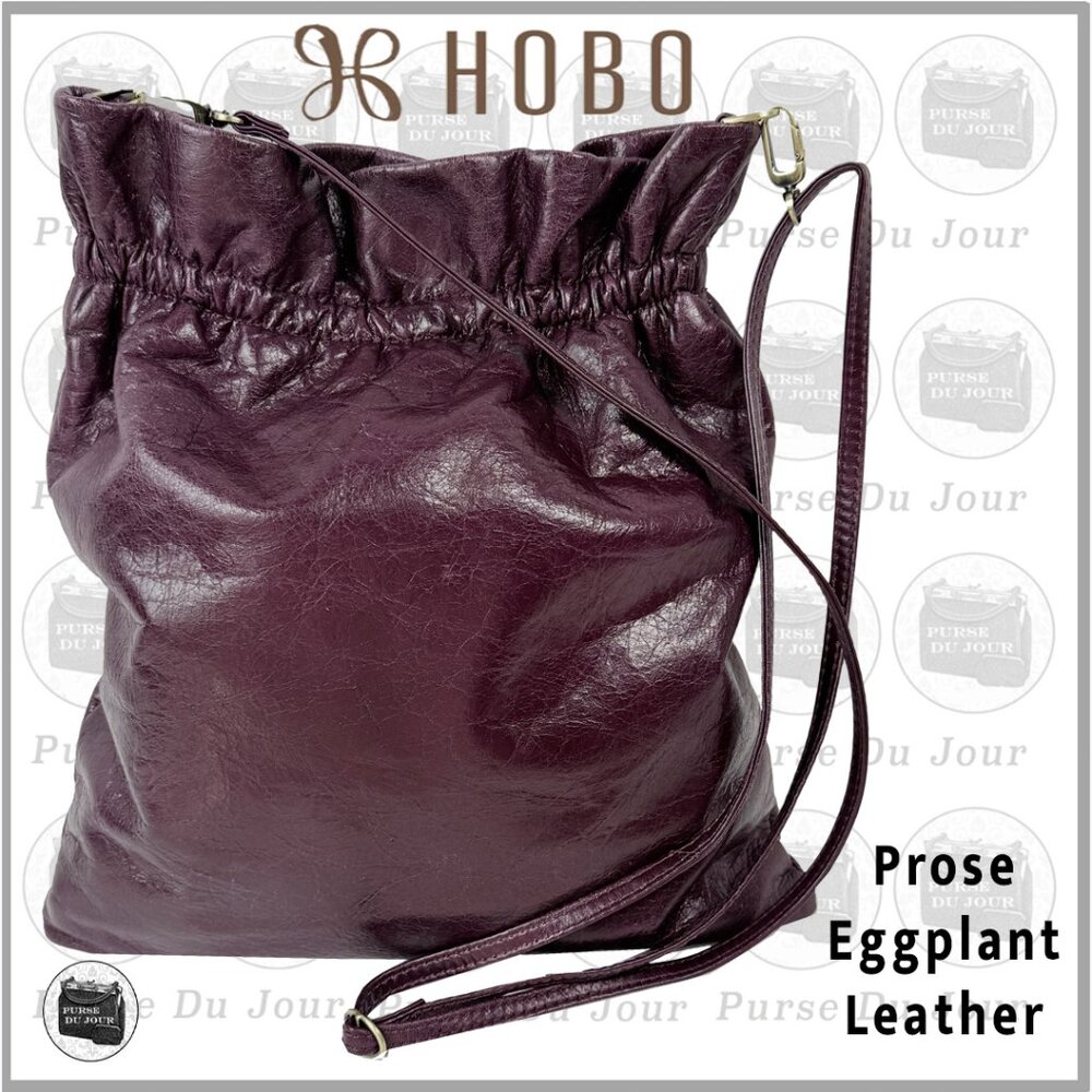 Hobo Prose Eggplant Leather Cinch Ruched Top Slim Convertible Crossbody Clutch